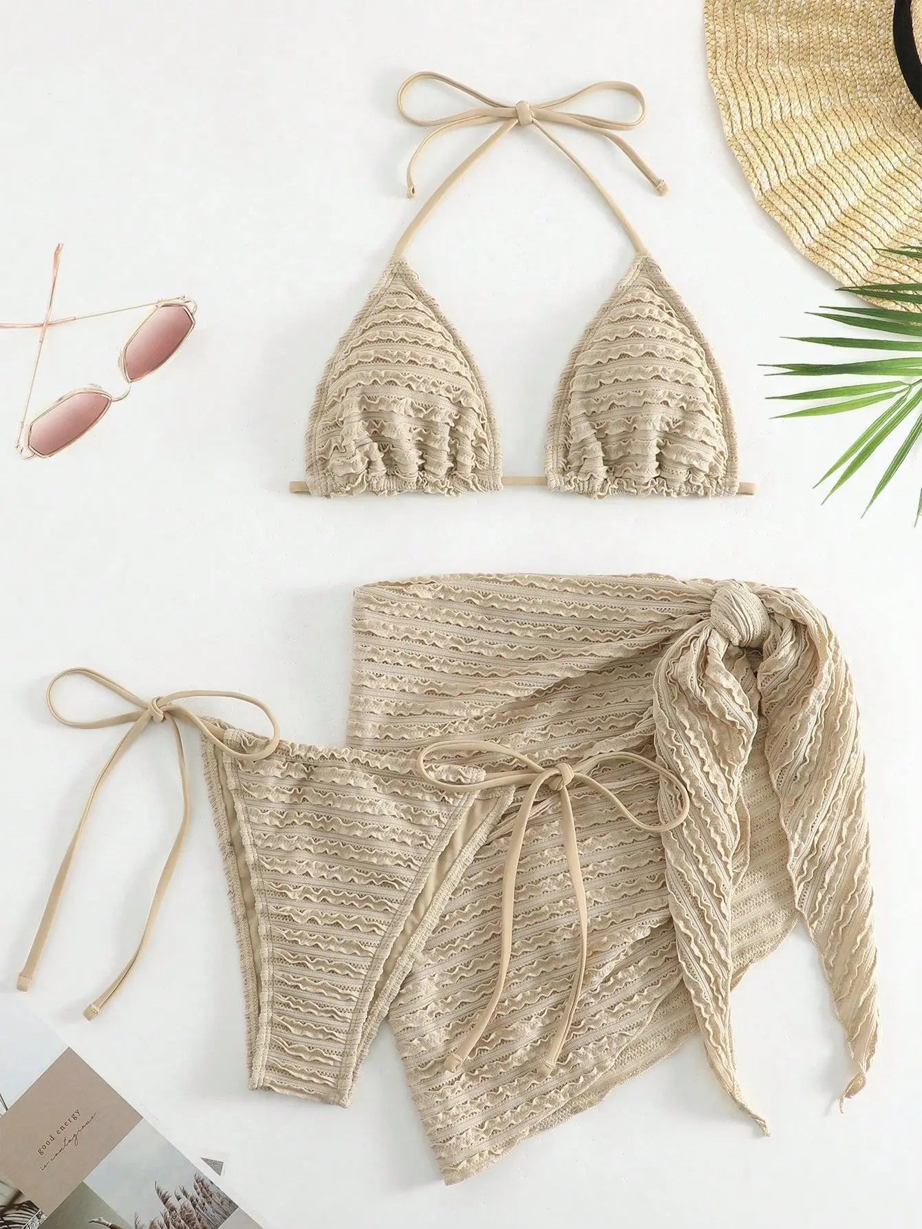 Solid Color Khaki 3-piece Swimsuit