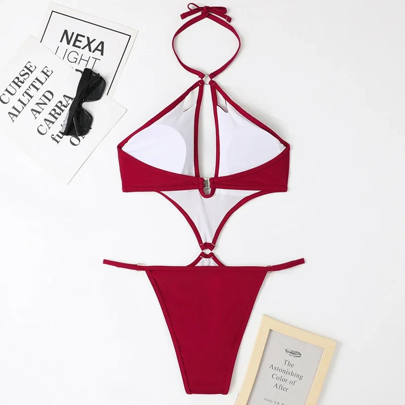 Solid Color One Piece Swimsuit Hollow Out Pearl Chain Bikini Halter Backless Thong Swimwear Beach Bathing Suit