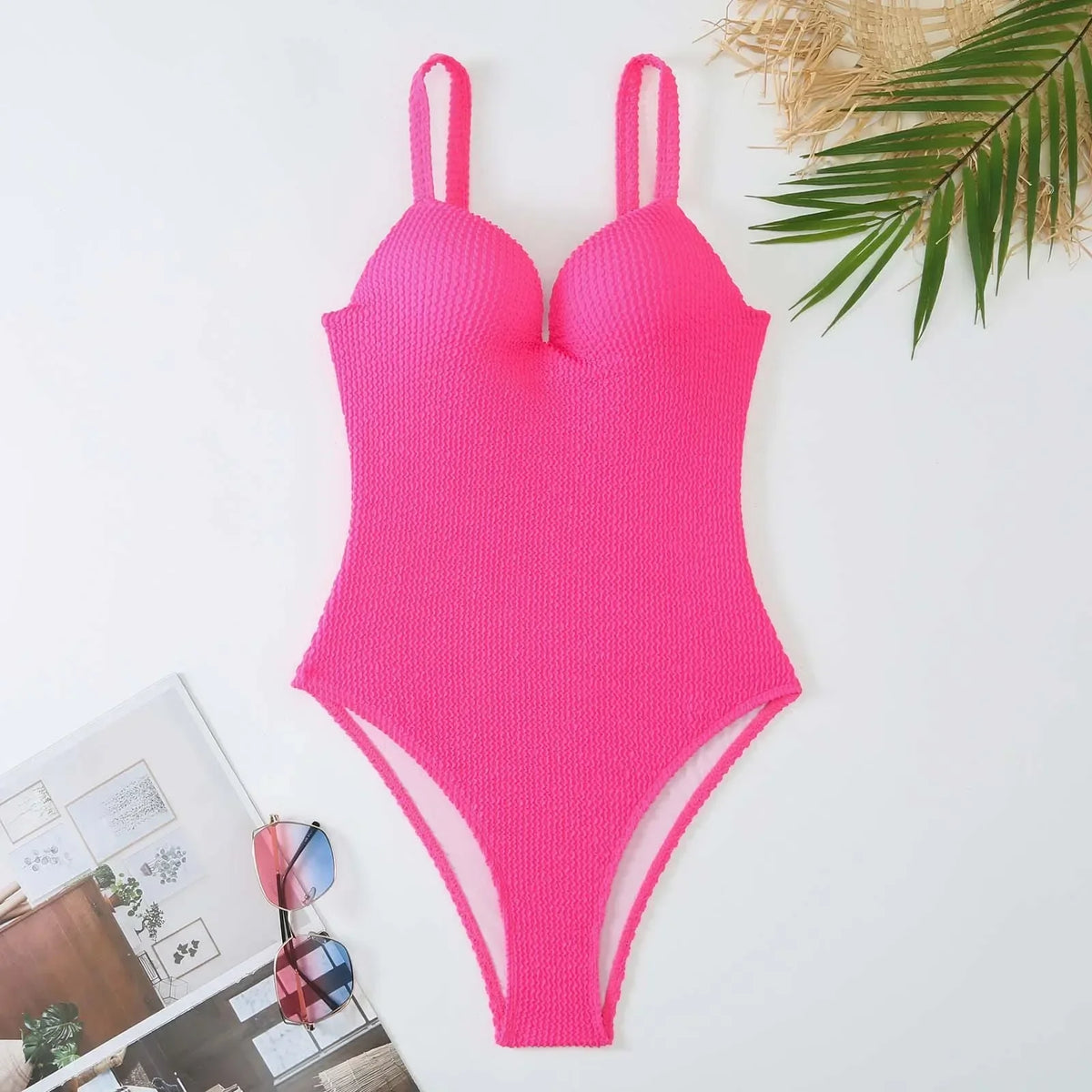 Solid Color One Piece Swimsuit Slim V-neck Bikini Hard Cup Push Up Swimwear Suspender Backless Monokini