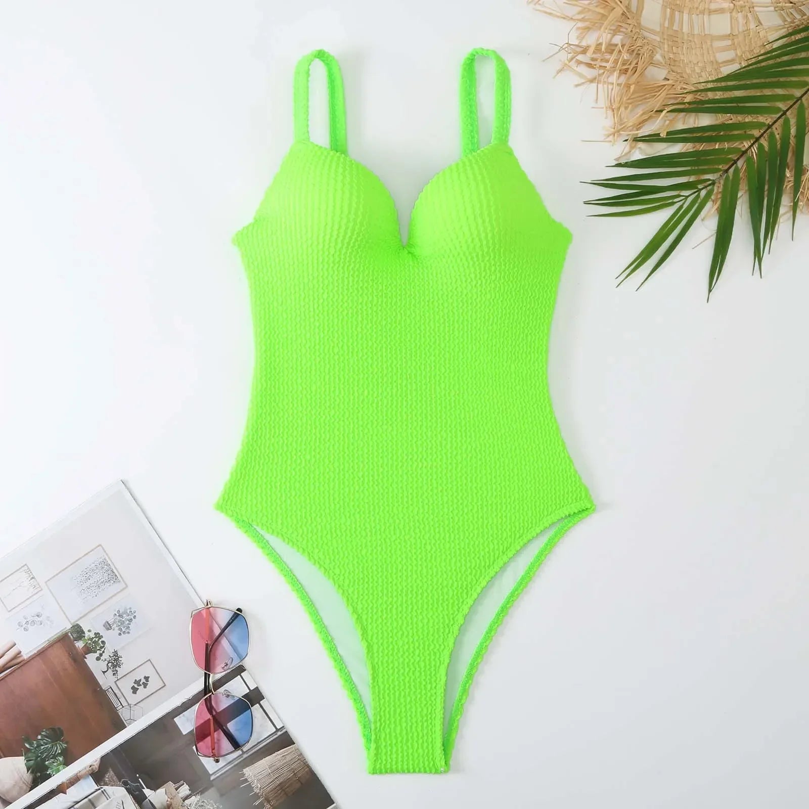 Solid Color One Piece Swimsuit Slim V-neck Bikini Hard Cup Push Up Swimwear Suspender Backless Monokini
