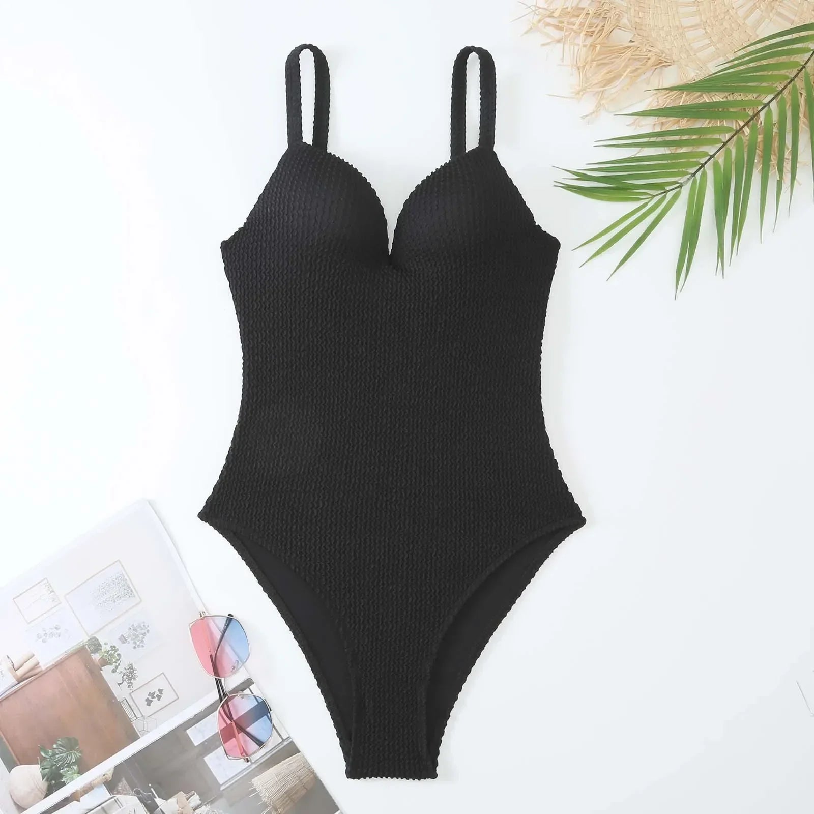 Solid Color One Piece Swimsuit Slim V-neck Bikini Hard Cup Push Up Swimwear Suspender Backless Monokini