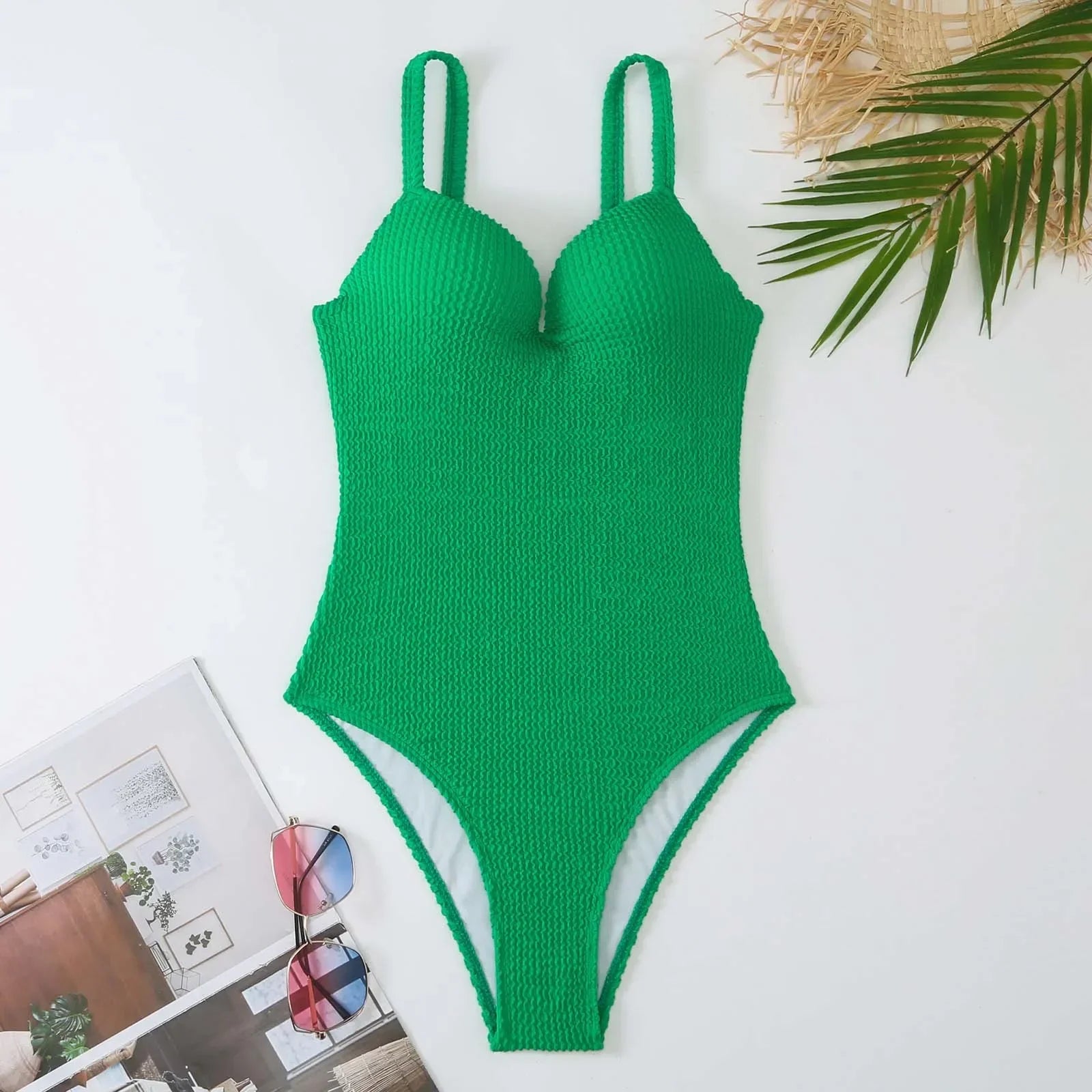 Solid Color One Piece Swimsuit Slim V-neck Bikini Hard Cup Push Up Swimwear Suspender Backless Monokini