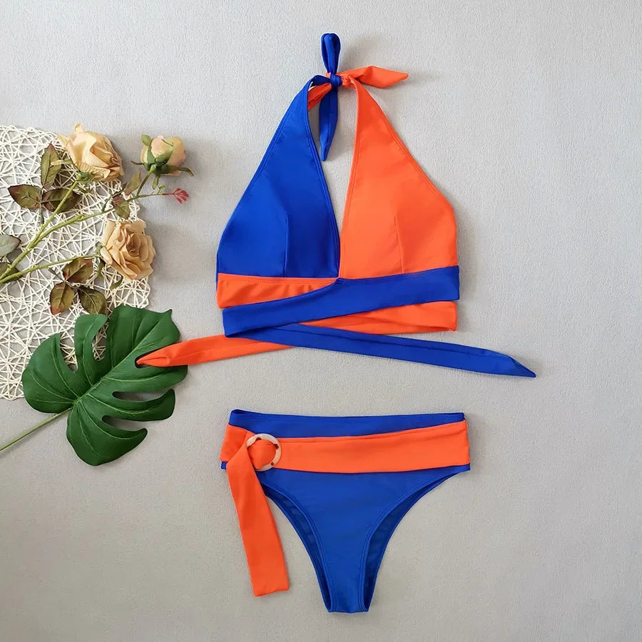 Solid Color Patchwork Bikini Set
