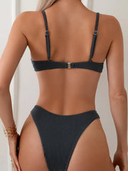 Solid Color Pit Strip Bikini Set
