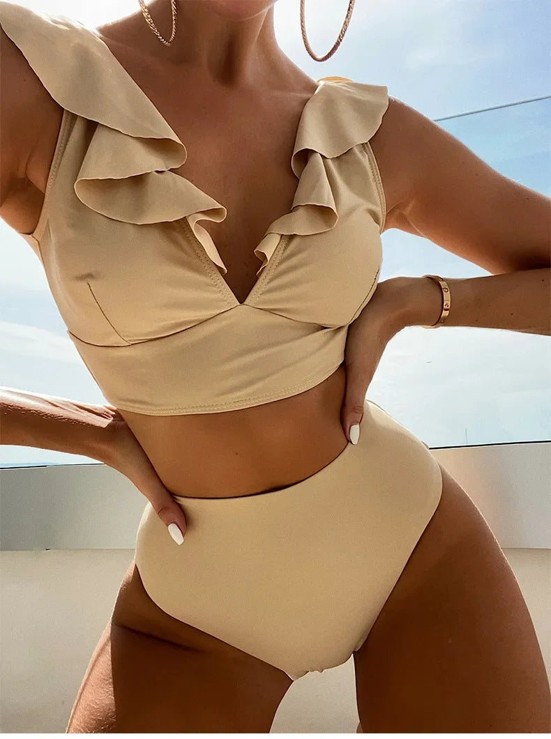 Solid Color V-neck Ruffle Bikini 2 Piece Swimwear Push Up Padded High Waist Swimsuit Beach Bathing Suit