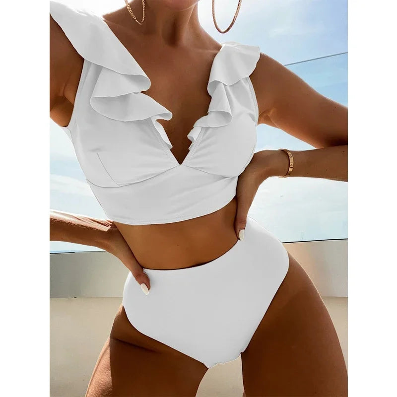 Solid Color V-neck Ruffle Bikini 2 Piece Swimwear Push Up Padded High Waist Swimsuit Beach Bathing Suit