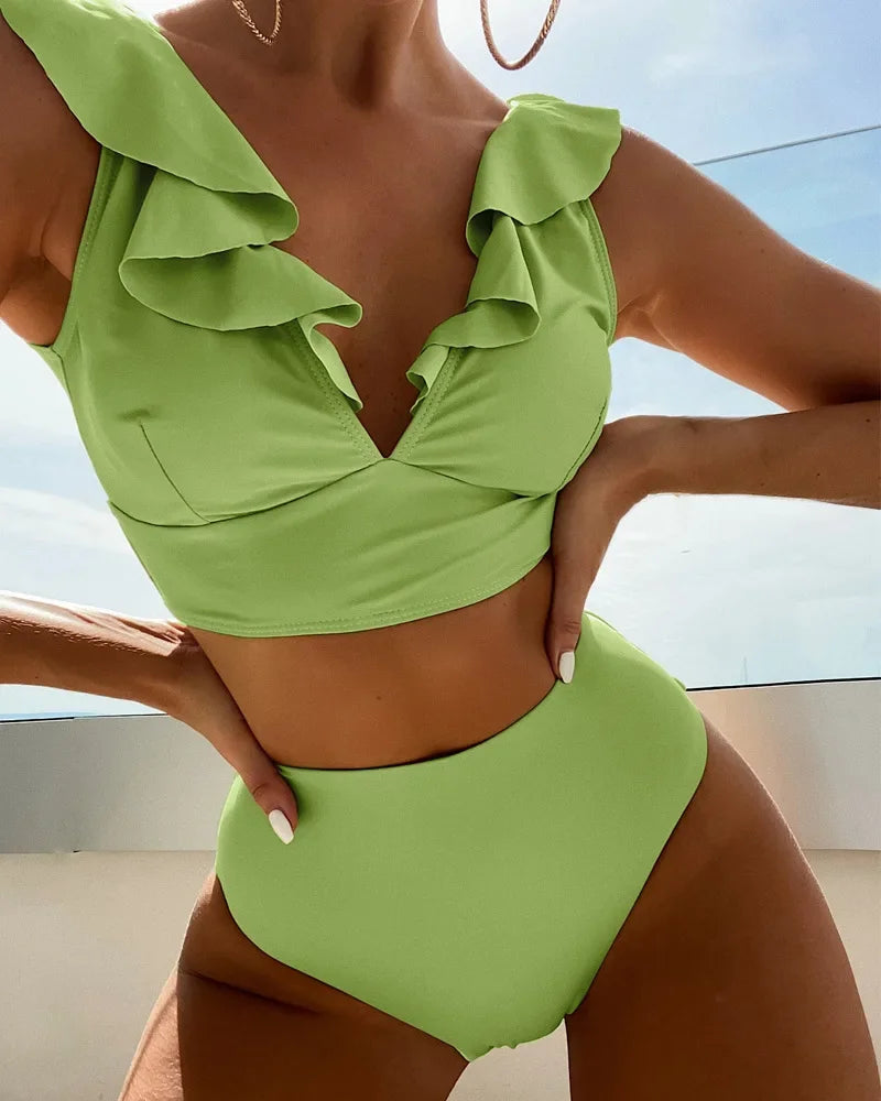 Solid Color V-neck Ruffle Bikini 2 Piece Swimwear Push Up Padded High Waist Swimsuit Beach Bathing Suit