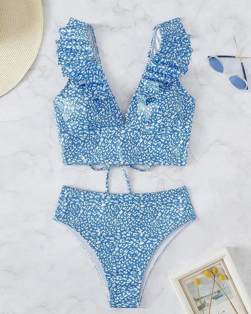 Solid Color V-neck Ruffle Bikini 2 Piece Swimwear Push Up Padded High Waist Swimsuit Beach Bathing Suit
