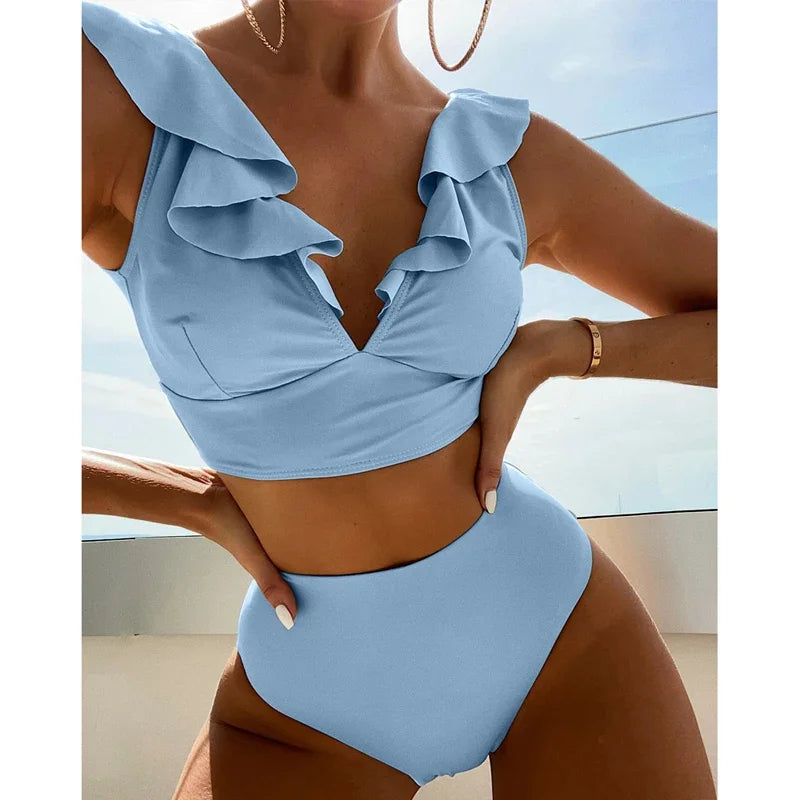 Solid Color V-neck Ruffle Bikini 2 Piece Swimwear Push Up Padded High Waist Swimsuit Beach Bathing Suit