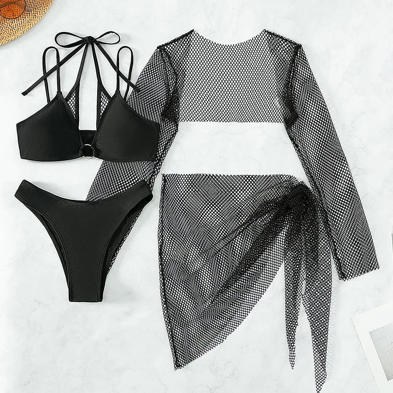 Solid Color Swimsuit Black Long Sleeve Mesh 4 Piece Bikini High Waist V-neck Brazilian Bathing Suit Swimwear OLDL025