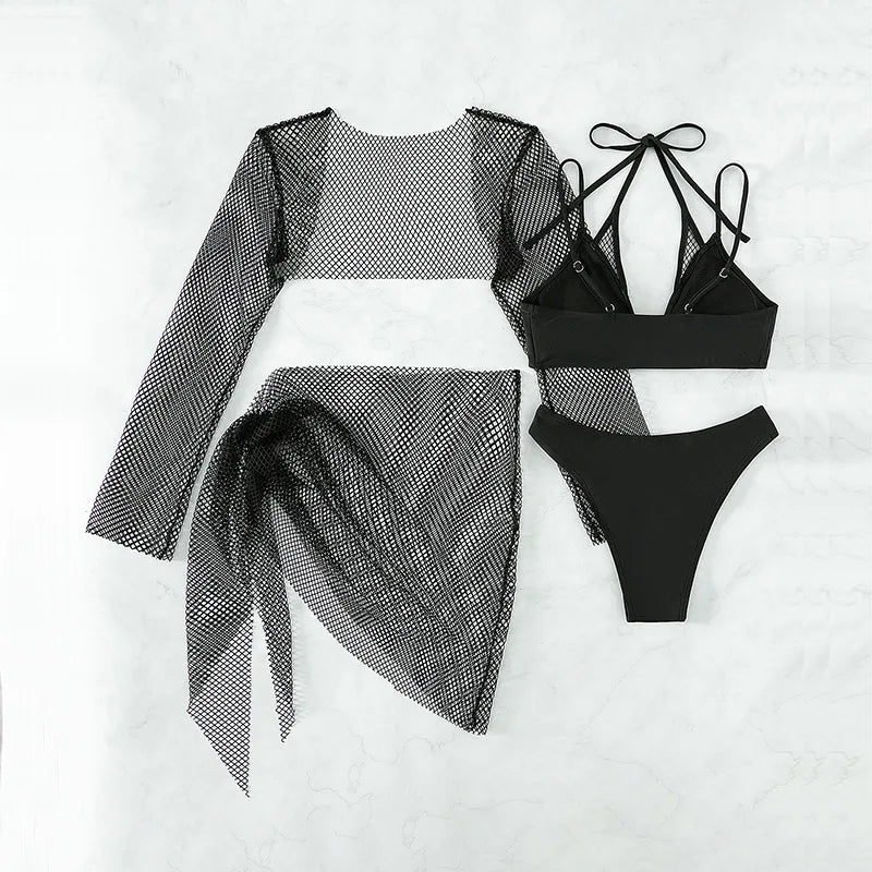 Solid Color Swimsuit Black Long Sleeve Mesh 4 Piece Bikini High Waist V-neck Brazilian Bathing Suit Swimwear OLDL025