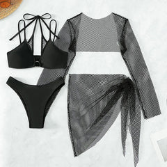 Solid Color Swimsuit Black Long Sleeve Mesh 4 Piece Bikini High Waist V-neck Brazilian Bathing Suit Swimwear OLDL025