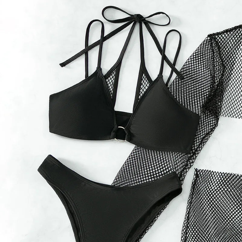 Solid Color Swimsuit Black Long Sleeve Mesh 4 Piece Bikini High Waist V-neck Brazilian Bathing Suit Swimwear OLDL025
