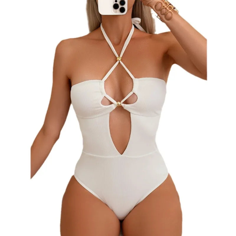 Solid Color White One Piece Swimsuit Women
