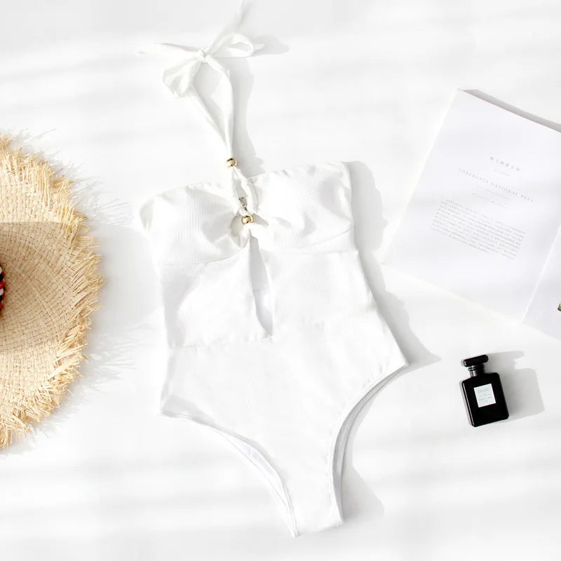 Solid Color White One Piece Swimsuit Women