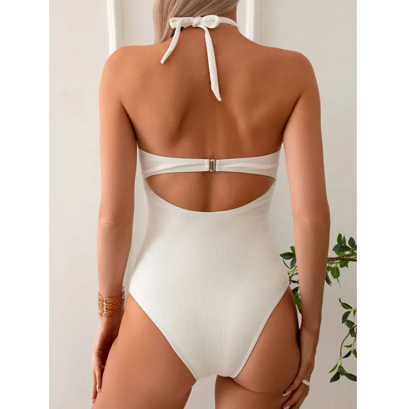 Solid Color White One Piece Swimsuit Women