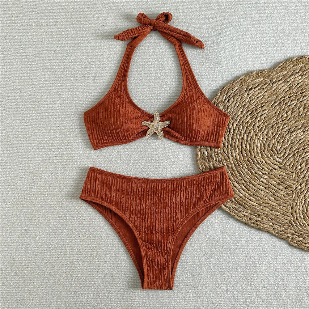Solid Green Swimwears Metal Starfish Halter Bikinis Sets