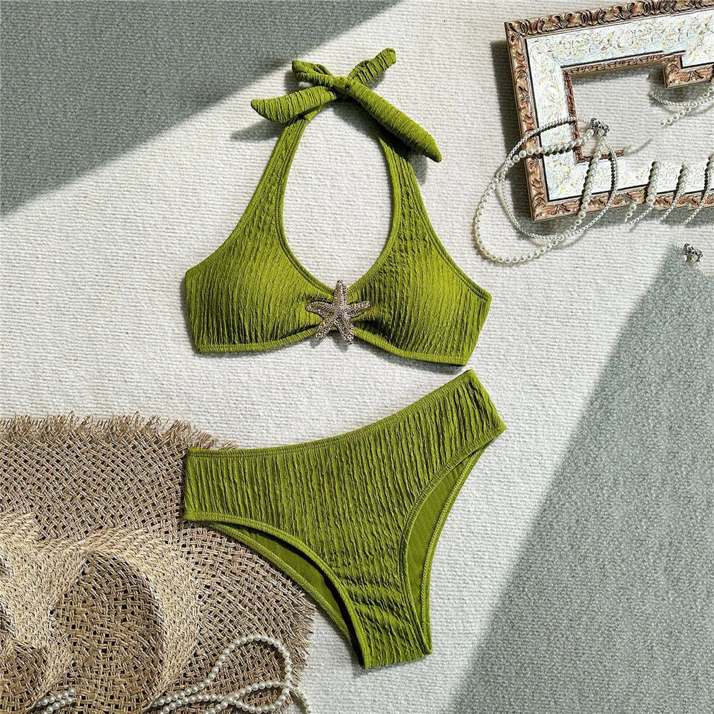 Solid Green Swimwears Metal Starfish Halter Bikinis Sets
