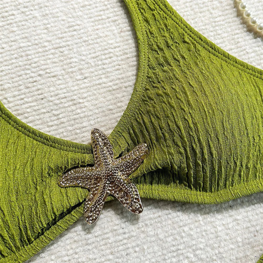 Solid Green Swimwears Metal Starfish Halter Bikinis Sets
