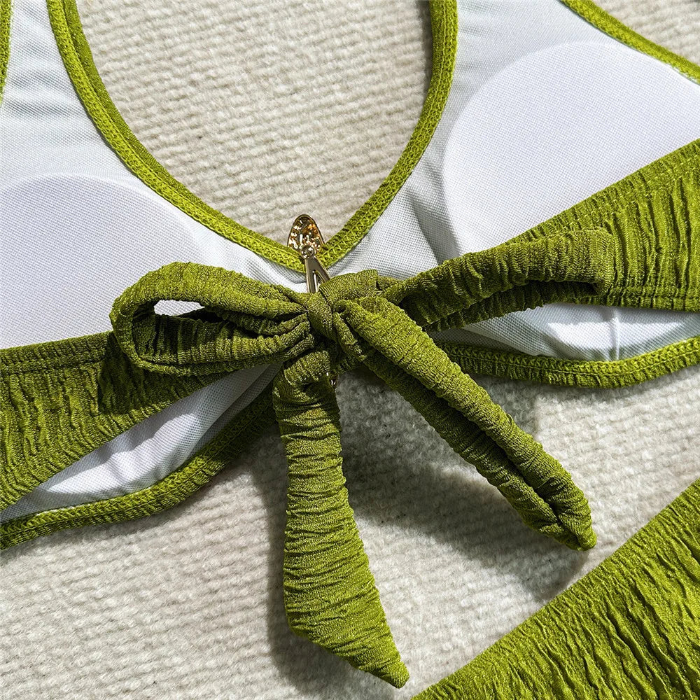 Solid Green Swimwears Metal Starfish Halter Bikinis Sets