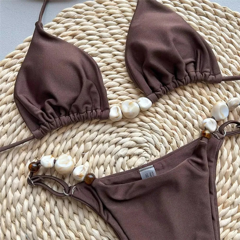 Solid Green Swimwears Halter Triangle Bead String Bikini Mini Micro Thong Swimsuit Woman Brazilian Bikinis Sets