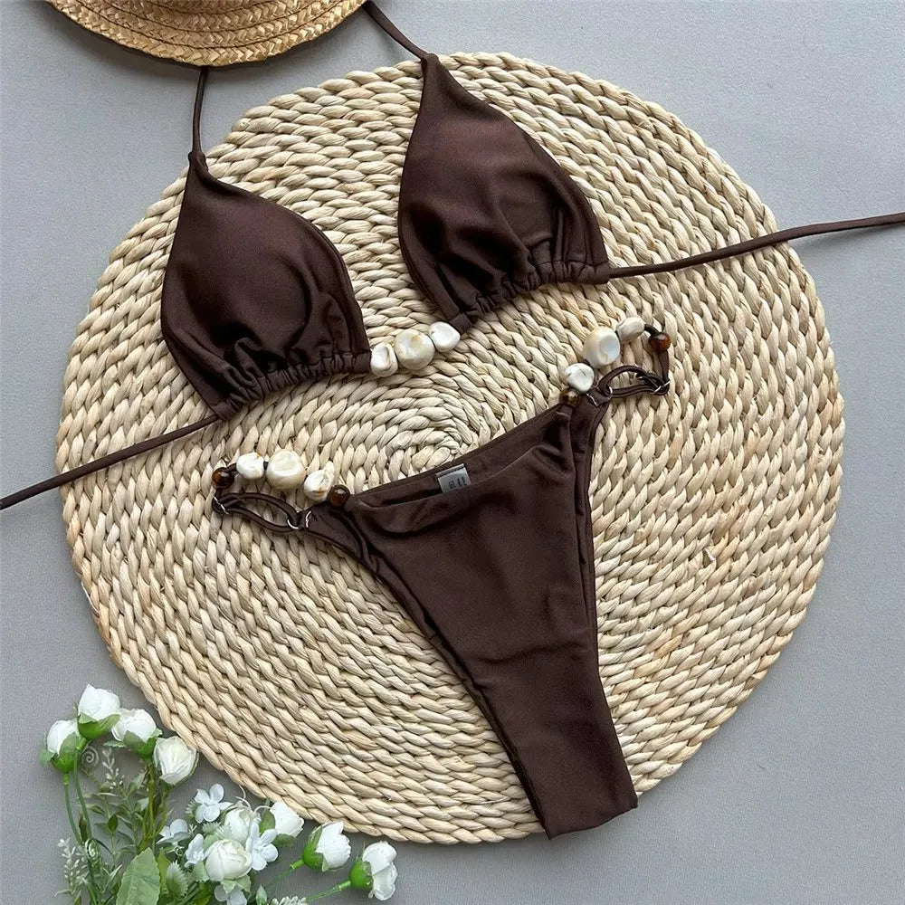 Solid Green Swimwears Halter Triangle Bead String Bikini Mini Micro Thong Swimsuit Woman Brazilian Bikinis Sets