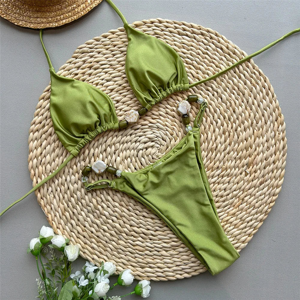 Solid Green Swimwears Halter Triangle Bead String Bikini Mini Micro Thong Swimsuit Woman Brazilian Bikinis Sets