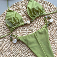 Solid Green Swimwears Halter Triangle Bead String Bikini Mini Micro Thong Swimsuit Woman Brazilian Bikinis Sets