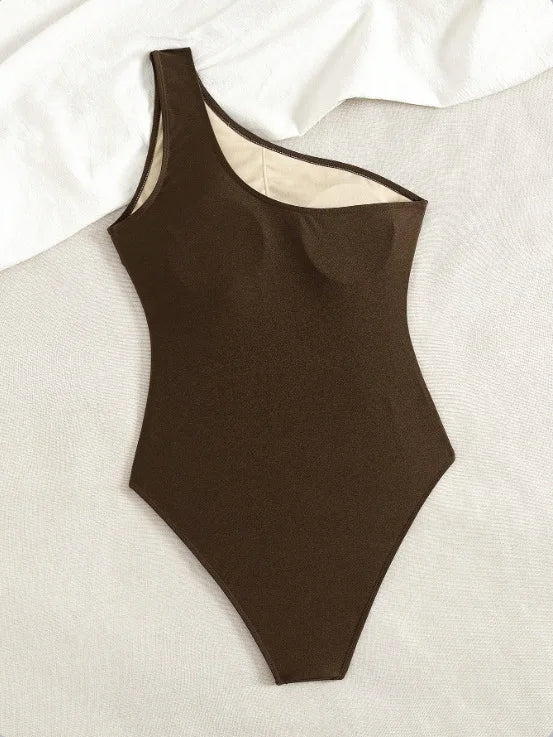 Solid One-Piece Suits One Shoulder Bathing Suit Asymmetric One Shoulder Waist Gathered Twist Gold Metal Buckle High Leg Swimwear