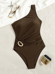 Solid One-Piece Suits One Shoulder Bathing Suit Asymmetric One Shoulder Waist Gathered Twist Gold Metal Buckle High Leg Swimwear