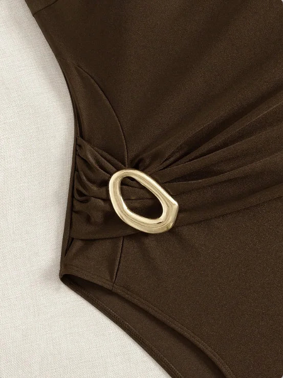 Solid One-Piece Suits One Shoulder Bathing Suit Asymmetric One Shoulder Waist Gathered Twist Gold Metal Buckle High Leg Swimwear