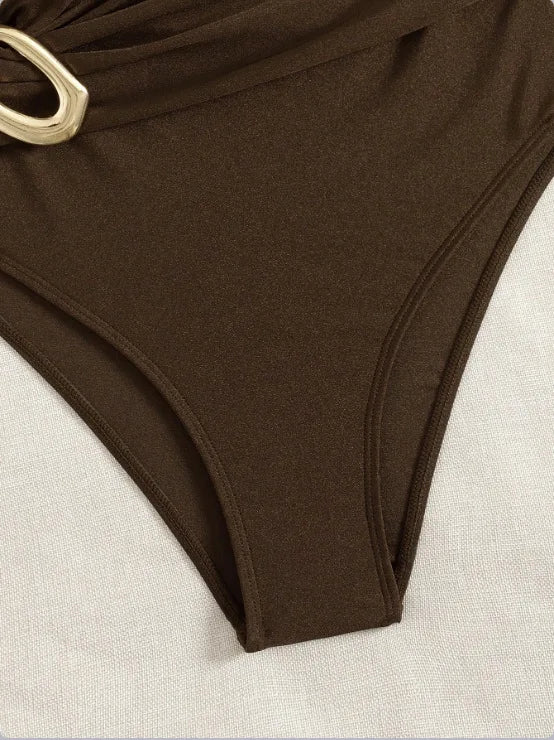 Solid One-Piece Suits One Shoulder Bathing Suit Asymmetric One Shoulder Waist Gathered Twist Gold Metal Buckle High Leg Swimwear