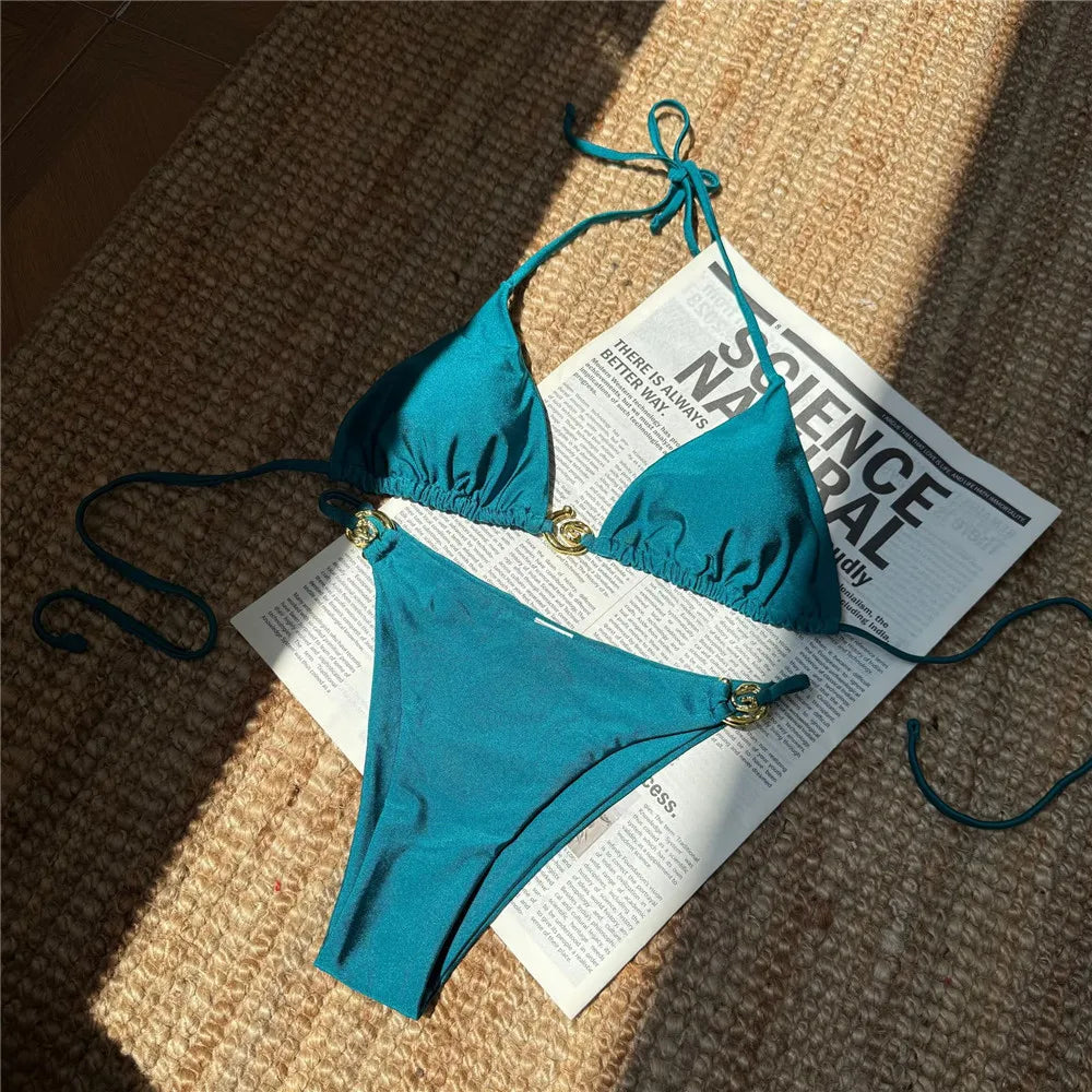Solid Orange Swimwear Metal Ring String Halter Triangle Micro Bikini Thong Swimsuit Bathing Suit Bikinis Sets