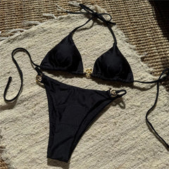Solid Orange Swimwear Metal Ring String Halter Triangle Micro Bikini Thong Swimsuit Bathing Suit Bikinis Sets
