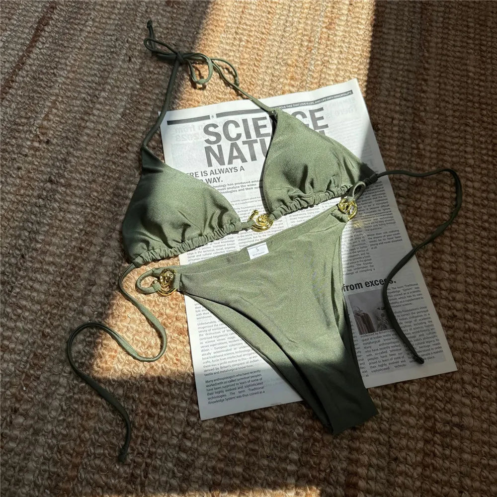 Solid Orange Swimwear Metal Ring String Halter Triangle Micro Bikini Thong Swimsuit Bathing Suit Bikinis Sets
