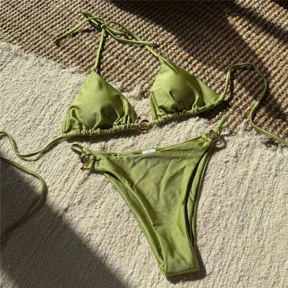 Solid Orange Swimwear Metal Ring String Halter Triangle Micro Bikini Thong Swimsuit Bathing Suit Bikinis Sets