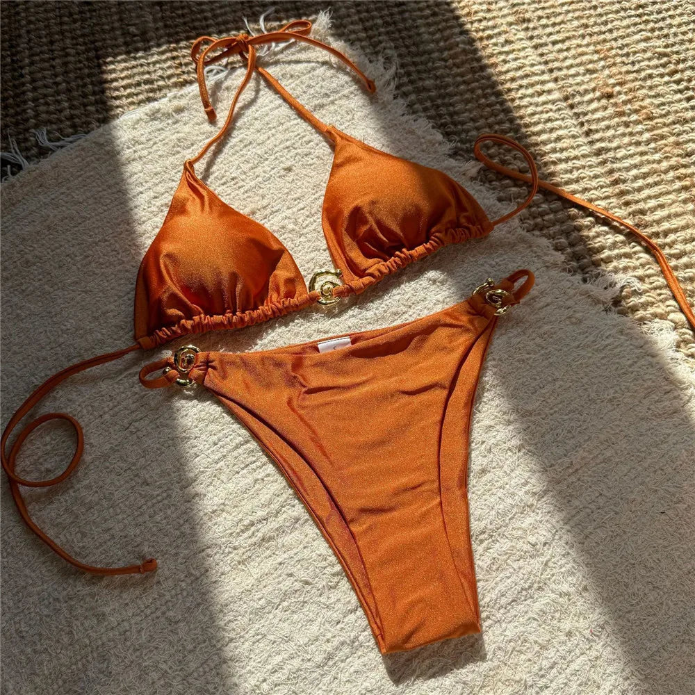 Solid Orange Swimwear Metal Ring String Halter Triangle Micro Bikini Thong Swimsuit Bathing Suit Bikinis Sets