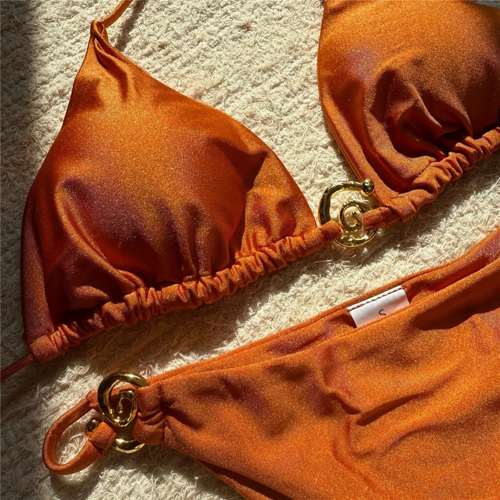 Solid Orange Swimwear Metal Ring String Halter Triangle Micro Bikini Thong Swimsuit Bathing Suit Bikinis Sets