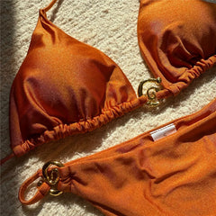 Solid Orange Swimwear Metal Ring String Halter Triangle Micro Bikini Thong Swimsuit Bathing Suit Bikinis Sets