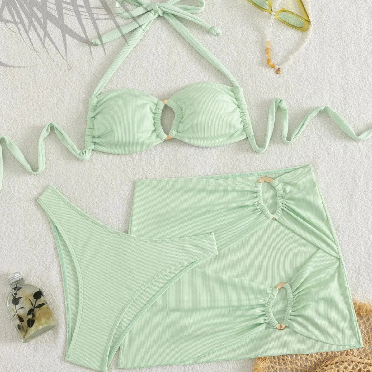 Solid Ribbed 3 Piece Bathing Suit Halter Tie Bikini Top Single Gold Circle Hardware Matching Cutout Wrap Skirt Vacation Swimwear