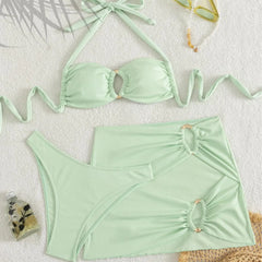 Solid Ribbed 3 Piece Bathing Suit Halter Tie Bikini Top Single Gold Circle Hardware Matching Cutout Wrap Skirt Vacation Swimwear