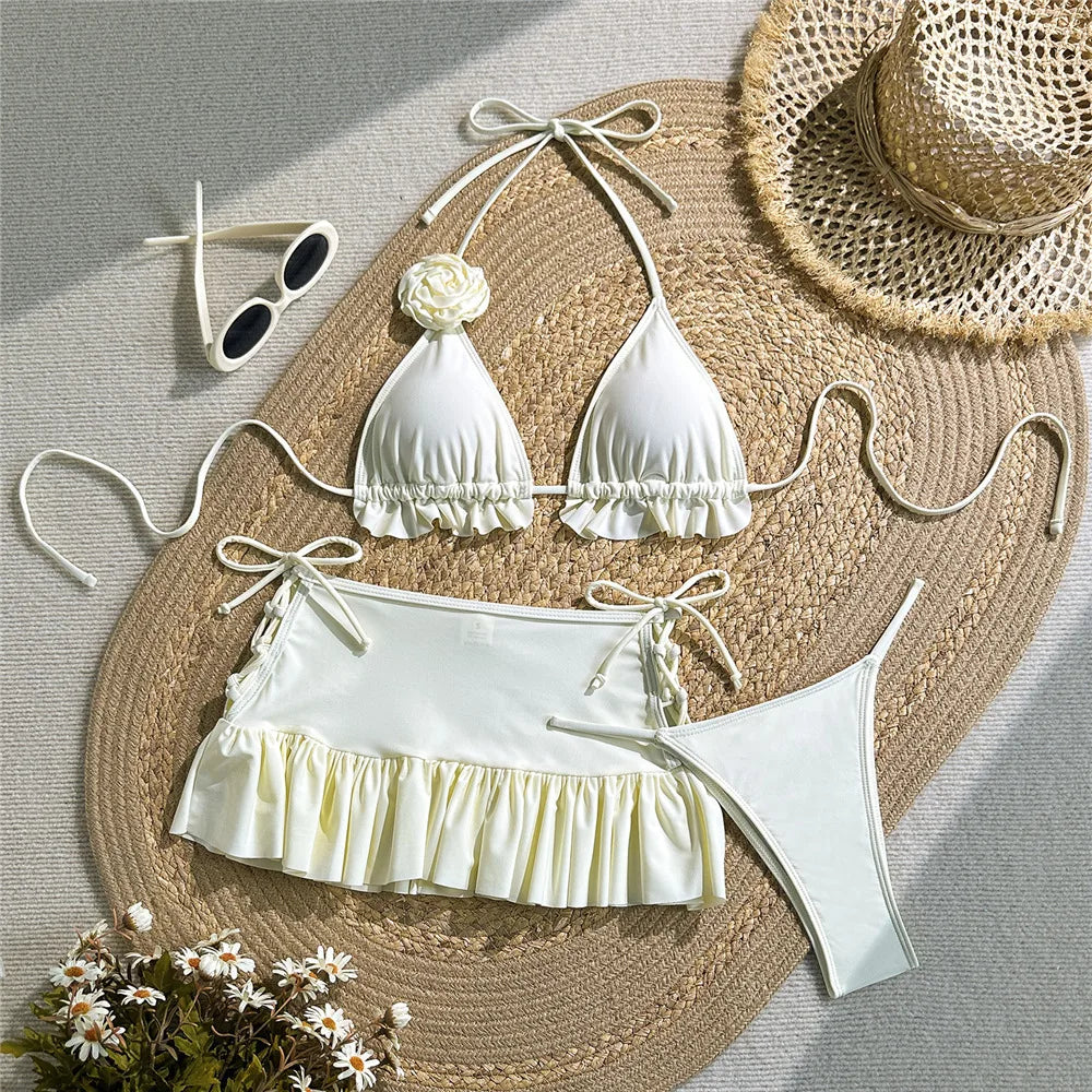Solid White 3D Flower 3 Piece Bikini Set