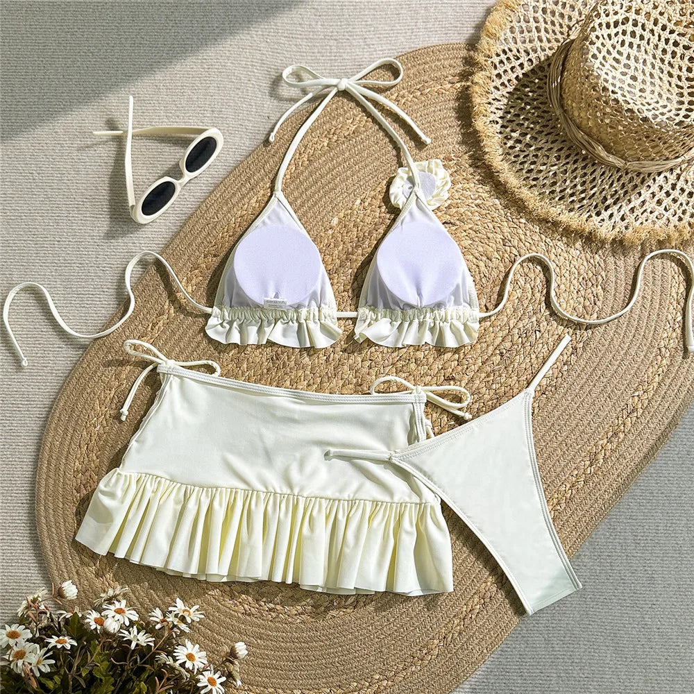 Solid White 3D Flower 3 Piece Bikini Set
