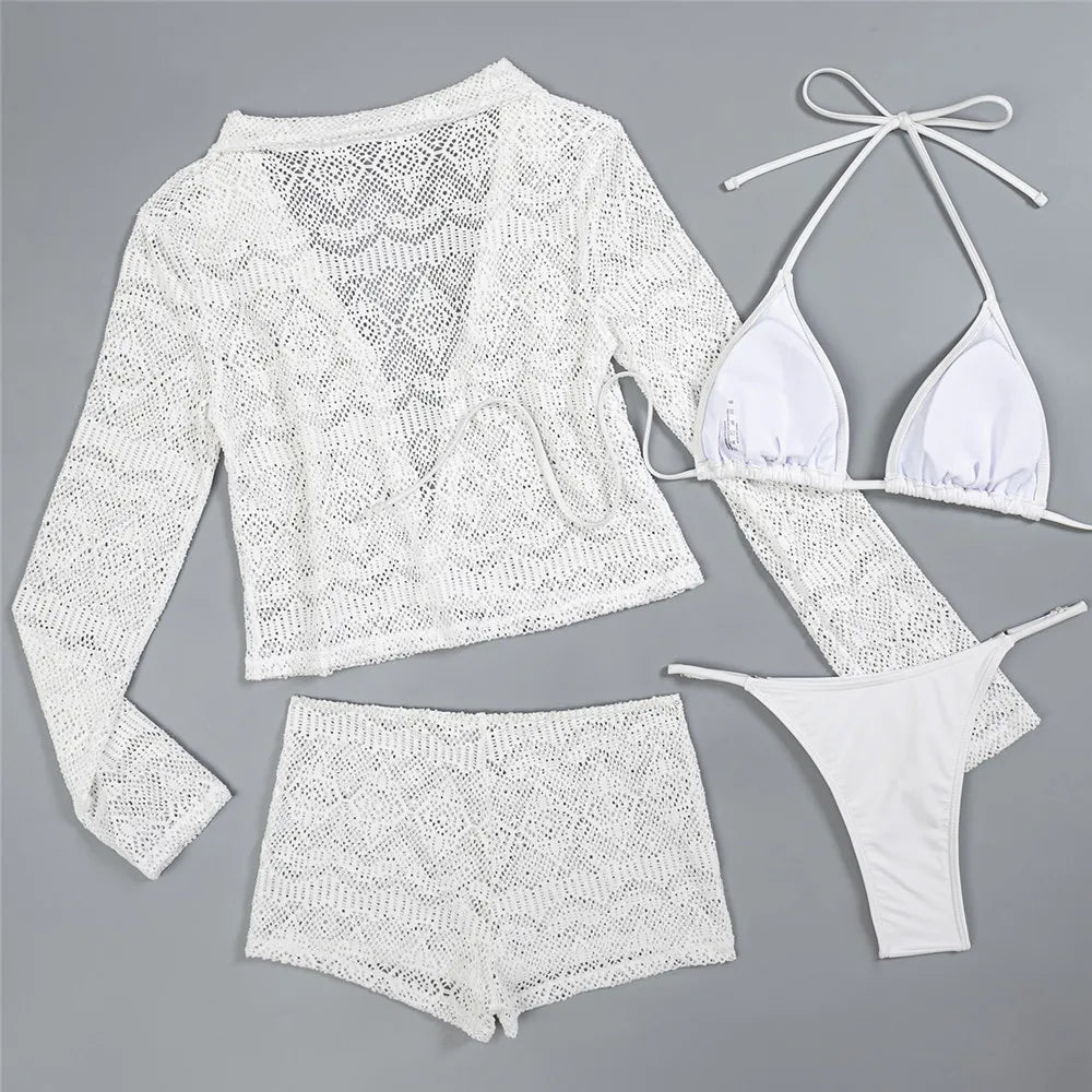 Solid White Hollow Lace Swimwears 4 Piece Bikinis Sets