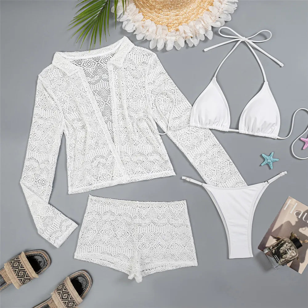 Solid White Hollow Lace Swimwears 4 Piece Bikinis Sets