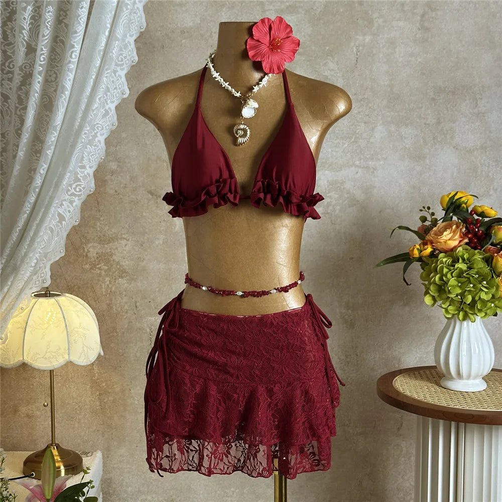 Solid White Lace Mesh Skirts Cover Up Swimwear Halter String Triangle Bikinis Sets