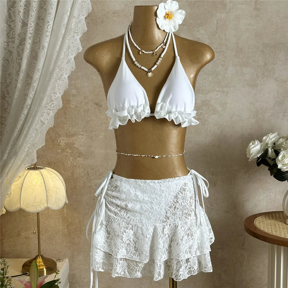 Solid White Lace Mesh Skirts Cover Up Swimwear Halter String Triangle Bikinis Sets