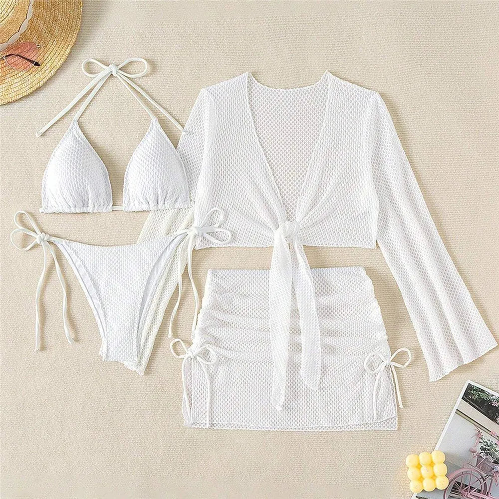 Solid White Mesh Cover Up 4 Piece Bikinis Set