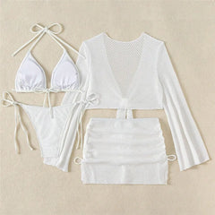 Solid White Mesh Cover Up 4 Piece Bikinis Set