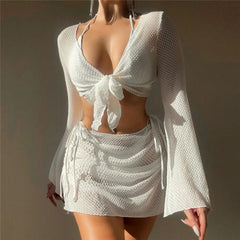 Solid White Mesh Cover Up 4 Piece Bikinis Set